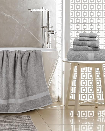 Amazon Basics 6 Piece Oversized Fade resistant Towel set, 100% Cotton towels for bathroom, soft and absorbent, 2 Bath Towels, 2 Hand Towels and 2 Washcloths bathroom towel set, Gray
