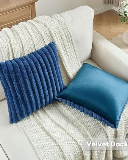 FUTEI Navy Blue Throw Pillow Covers Set of 2, 22x22 Inch Striped Texture Cushion Cases with Soft Faux Rabbit Fur Front & Velvet Back, Modern Decorative Couch Pillows for Living Room