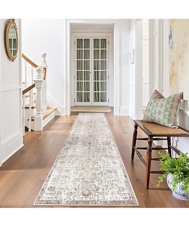 jinchan Kalen Runner Rug 2x10 Washable Hallway Rug Vintage Indoor Thin Retro Floor Cover Distressed Floral Country Lightweight Non Slip Carpet for Entryway Bathroom Bedroom Living Room Stairway Red