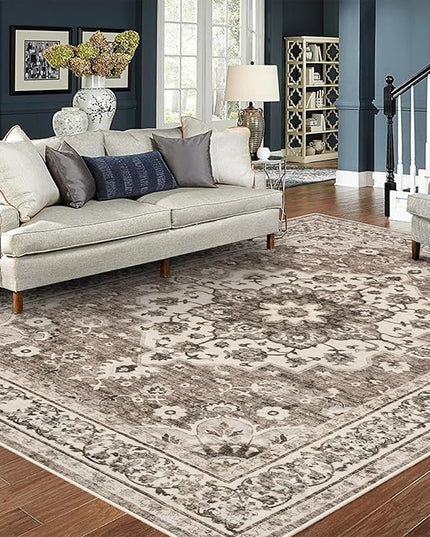 Washable Oriental Area Rug - 8x10 Rugs for Living Room Soft Carpet for Bedroom Waterproof Floral Distressed Indoor Stain Resistant Non-Shedding Floor Carpets (Beige, 8x10)