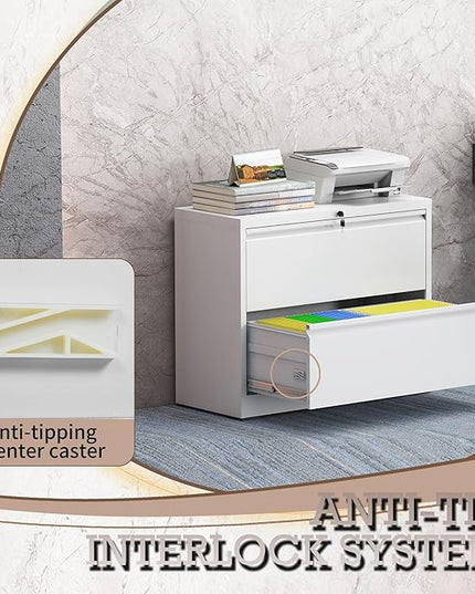 2 Drawer Lateral File Cabinet with Lock, File Cabinet, Metal Lateral Filing Cabinets for Home Office, File Storage Cabinet for Legal/Letter/A4 Documents, Assembly Required (White, 35'W)