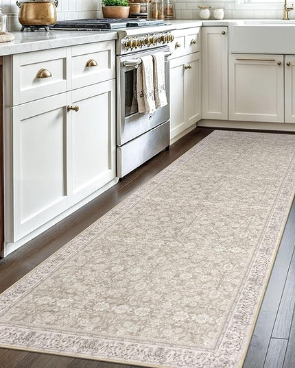 3x8 Washable Runner Rug for Kitchen, Cream Beige White Grey Soft Classic Runner with Non-Slip, Non-Shedding Distressed Floral Rug for Hallways Entryway Bedroom Laundry Indoor