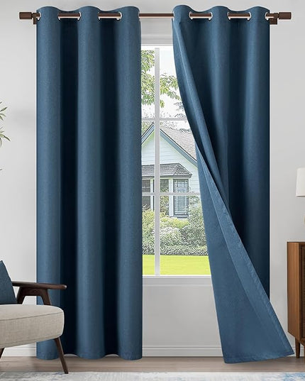 Light Weight Curtains 100% Blackout Linen Textured Curtains 96 Inch Length for Living Room, Bedroom, Full Blackout Curtains with Grommets Top, Dark Blue, 37" W x 96" L, 2 Panels