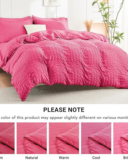 HYMOKEGE Hot Pink King Size Comforter Set Seersucker 7 Pieces, All Season Luxury Bed in a Bag for Bedroom, Bedding Set with Comforter, Sheets, Pillowcases & Shams