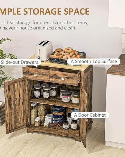HOMCOM Sideboard with Solid Wood Countertop, Modern Kitchen Storage Cabinet, Coffee Bar Cabinet with 2 Drawers, Doors and Adjustable Shelf, Rustic Brown