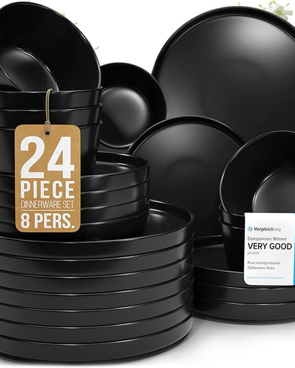 Stoneware dinnerware set 8 persons 24 pcs – Ultra chic matte black plates and bowls set – Dishwasher and microwave safe – Bowl and plate set – Dinner service Pure Living