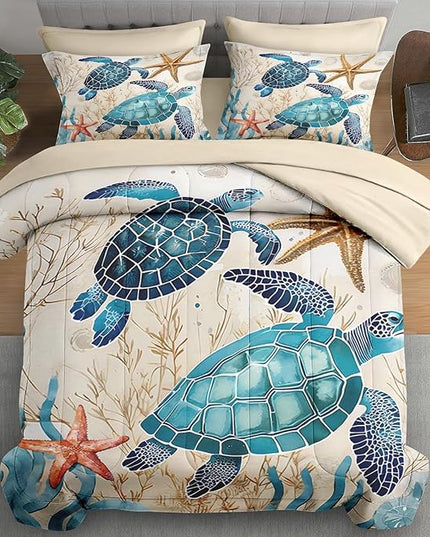 Comforter Set Full Size, Ocean Coral Sea Turtle 7 Pcs Bedding for Kids and Adults, Blue Shell Animal Bed Sheet Sets with Fitted Sheet 2 Pillowcases & 2 Shams for Bedroom Bed Decor