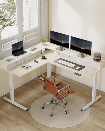 FLEXISPOT 63" L Shaped Standing Desk with Shelf Electric Corner Table, Drawers, Adjustable Computer Workstation for Home, Office,USB Charging Port, 63x55in, Light Maple Top + White Frame