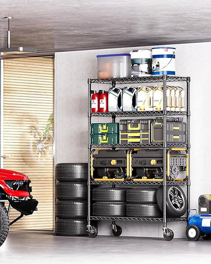 IZEUK 5-Tier Adjustable Heavy Duty Steel Wire Shelving Unit with Wheels, Storage Rack Organizer for Garage, Kitchen, Office, Laundry, Basement (Black, 17.7" D x 47.2" W x 76.7" H, 1750 lbs Capacity)