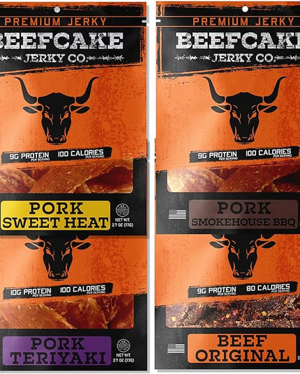 BEEFCAKE Jerky Best Sellers Collection, Includes Beef Jerky Sweet Heat, Teriyaki, Original & Smokehouse, 9 Gram of Protein & 100 Calories 2.7 Oz | Pack of 4