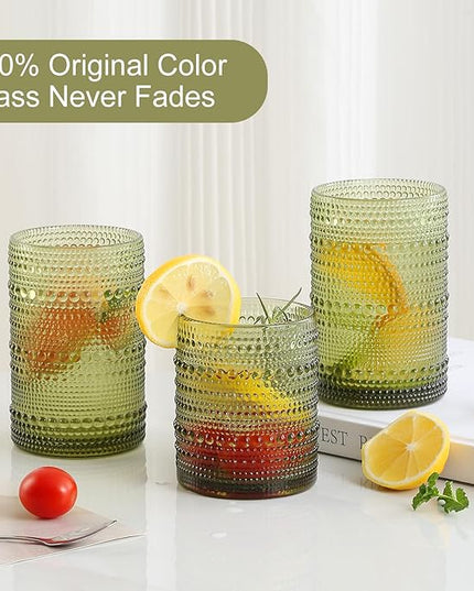 Vintage Glassware Drinking Glasses Set of 12,Green 12oz & 15oz Hobnail Glass Cups,Embossed Water Tumbler,for Beer,Cocktail,Whiskey,Juice and Various Mixed Drinks- 1 Cleaning Brush