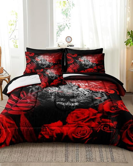 Bedbay Red Rose Leopard Comforter Set California King 8 Pcs Bed in a Bag Cheetah Bedding Teen Women Adults Men Leopard Bedding Wild Animal and Rose Flower California King Bed Set (Black,Cal-King)