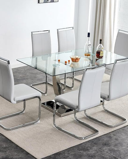 63” Glass Dining Table Set for 6,Modern Dining Room Table Set for 6 and PU Leather Chairs for 6, Dinner Table with Rectangle Tempered Glass Top and Chrome Silver Base