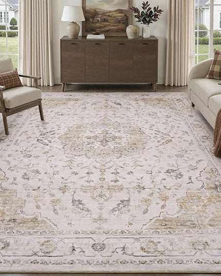 PADOOR-Vintage Area Rug 9X12 Rugs for Living Room-Soft Beige Rugs for Bedroom-Machine Washable Rug Non Slip Carpet-Rug for Dining Room Living Room Bedside Office