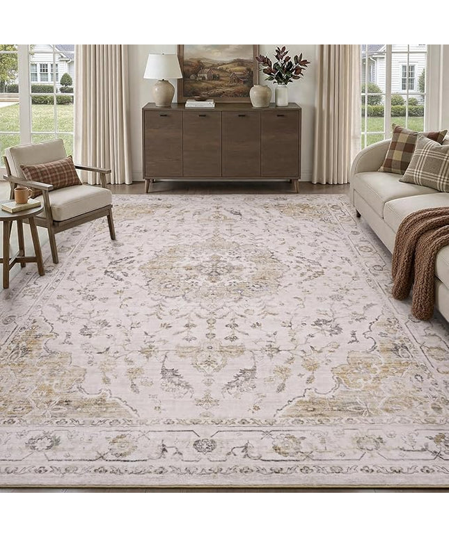 PADOOR-Vintage Area Rug 9X12 Rugs for Living Room-Soft Beige Rugs for Bedroom-Machine Washable Rug Non Slip Carpet-Rug for Dining Room Living Room Bedside Office