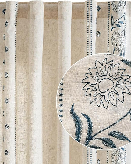 jinchan Winslow Linen Curtains for Bedroom 72 Inches Length Embroidered Bordered Floral Curtains for Living Room Farmhouse Decor Light Filtering Window Treatments Blue on Beige Drapes 2 Panels