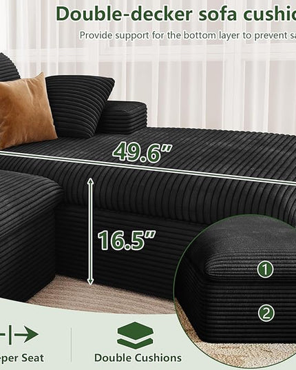 107" Cloud Couch Modular Sectional Sofa for Living Room, L-Shape Boneless Couch with Deep Seat, Modern Corduroy 3-Seater, No Assembly Required (Black,Right-Facing Chaise)