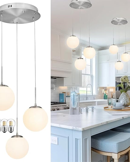 KoKo&Yukina 3-Light Globe Glass Pendant Light Modern Nickel Glass Chandelier Adjustable Length Pendant Lights Fixtures with Milky White Globe Ceiling Light for Kitchen Island (Bulb & Remote Incl.)