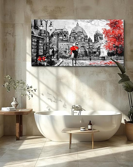 Black And White Buildings And Lovers Holding Umbrellas Under Street Lamps Canvas Art Print Artwork Wall Art For Living Room Large Size Wall Decor，Modern Home Decor Watercolor Wall Painting Decoration