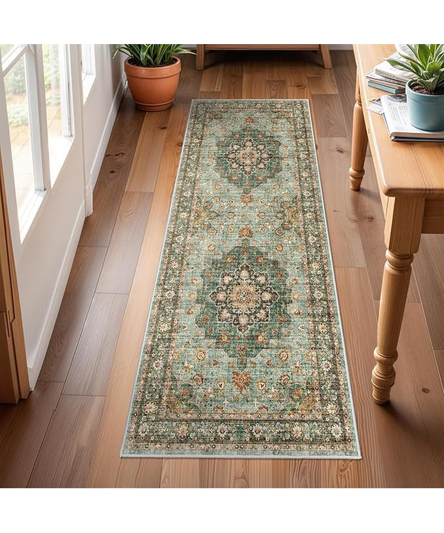 Washable Oriental Hallway Runner Rug - 2x6 Rugs for Living Room Soft Carpet for Bedroom Kitchen Waterproof Floral Distressed Indoor Stain Resistant Non-Shedding Floor Carpets (Green, 2X6)