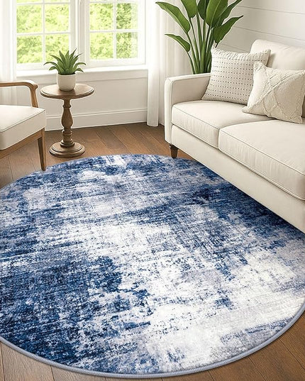 IOHOUZE Abstract Round Area Rug 6 Ft Washable Circle Rugs Large Round Rug Non Slip Thin Soft Circle Rugs, Printed Faux Wool Floor Carpet for Bedroom Living Room Dining Room Nursery, Navy/Grey