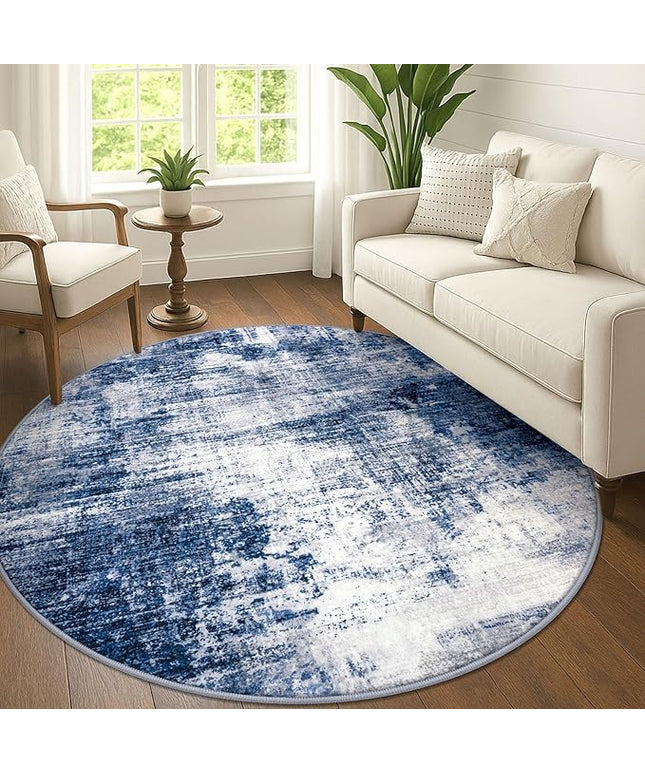 IOHOUZE Abstract Round Area Rug 6 Ft Washable Circle Rugs Large Round Rug Non Slip Thin Soft Circle Rugs, Printed Faux Wool Floor Carpet for Bedroom Living Room Dining Room Nursery, Navy/Grey