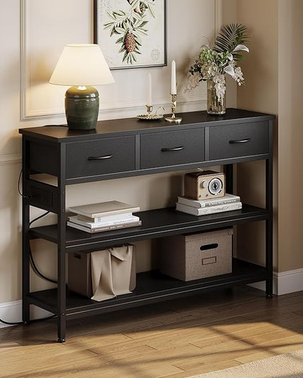 Lulive 2 Pack Entryway Table with Power Outlets, Console Table with 3 Fabric Drawers, Sofa Table for Living Room, Hallway, Couch, Foyer, Height Adjustable