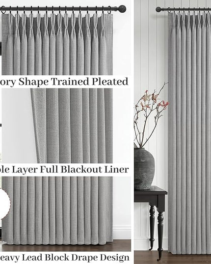 Light Grey Linen Dual Layer Curtains 102 Inches Long Panels 2 Set for Office, Blackout Memory Shape Pinch Pleated Thermal Noise Reducing Neutral Windows Curtain & Drapes with Hooks 8-1/2 FT Length