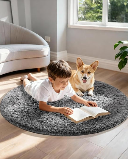Ophanie Round Rugs 3Ft Grey Circle Area Rug,Christmas Room Decor, Aesthetic Nursery Bedroom Carpet, Fluffy Fuzzy Plush Soft Shaggy Gray Living Room Rugs for Kids Boys Girls Teen Baby Home, Dorm