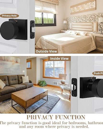 Black Privacy Door Knob, Black Door Knobs Interior with Lock, Matte Black Interior Round Door Knob for Bathroom Bedroom