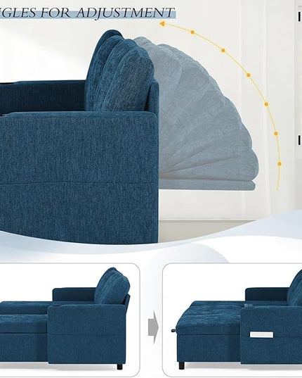 110" Sectional Pull Out Sofa Bed with Adjustable Backrests, U-Shaped Sleeper Sofa with USB Ports, Upholstered Reversible Couch with Cup Holder & Storage Space for Living Room, House, Blue