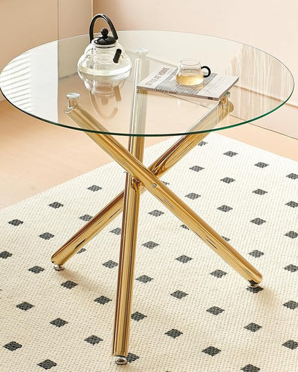 HomVent Round Glass Dining Table Set for 4, 5-Piece Modern Kitchen Table Set with 4 PU Upholstered Chair for Kitchen Dining Room, Glass Dining Room Table Set