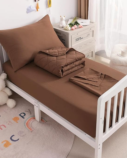 NTBAY Toddler Bedding Set - 4 Piece Soft and Breathable Crib Bedding Set for Boys and Girls, Includes Quilted Comforter, Fitted Sheet, Flat Top Sheet and Envelope Pillowcase, Brown
