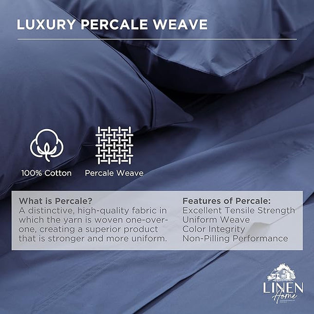 Linen Home 100% Cotton Percale Pillowcases Queen/Standard Size, Dark Blue, 2 Pieces of Pillow Case, Crisp and Cool Strong Bed Linen, 20 inches X 30 inches