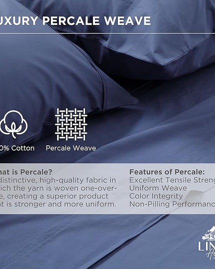 Linen Home 100% Cotton Percale Pillowcases King Size, Dark Blue, 2 Pieces of Pillow Case, Crisp and Cool Strong Bed Linen, 20 inches X 40 inches