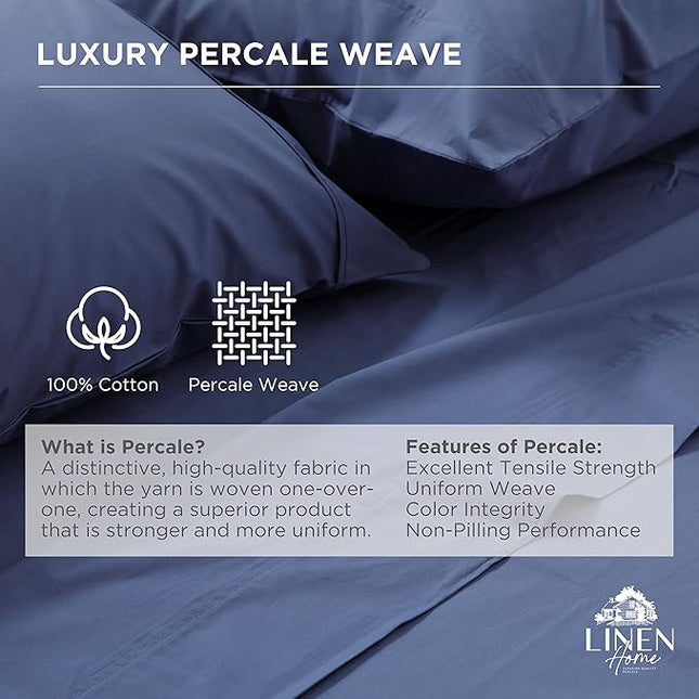 Linen Home 100% Cotton Percale Pillowcases King Size, Dark Blue, 2 Pieces of Pillow Case, Crisp and Cool Strong Bed Linen, 20 inches X 40 inches