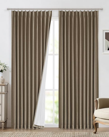 Vision Home Brown Pinch Pleated Full Blackout Curtains Linen Blended 60" Wide Thermal Insulated Window Panels 108 inch for Bedroom Living Room Darkening Pleat Drapes with Hooks Back Tab 60" Wx108 Lx1