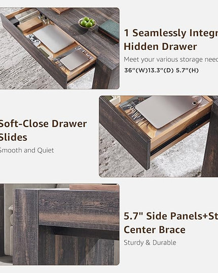 OKD 48" Modern Farmhouse Coffee Table, Wooden Living Room Table with Hidden Storage Drawer, Rustic Rectangular Center Tables w/Wood Thick Design for Living Room, Office, Dark Rustic Oak