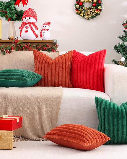 Pallene Faux Fur Plush Christmas Throw Pillow Covers 20x20 Set of 2, Luxury Soft Fluffy Striped Decorative Pillow Covers for Sofa, Couch, Living Room, Christmas Green