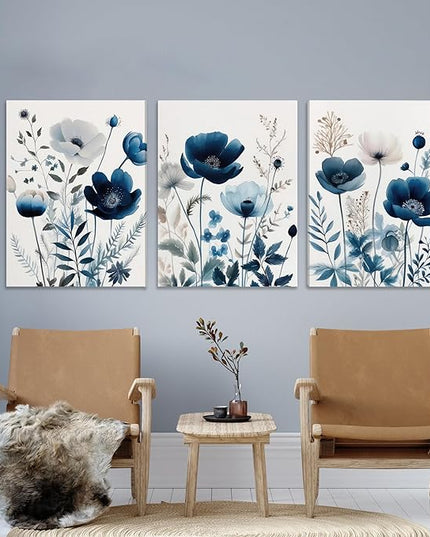 DUWQU 3 Pcs Blue Floral Canvas Wall Art, Elegant Navy Blue Wildflower Lily Daisy Art Wall Decor, Watercolor Botanical Flower Home Poster Art Prints for Living Room Bedroom Bathroom 16×24 Inches