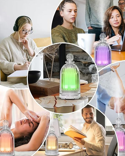 Glass Essential Oil Diffuser, Aroma Diffusers with Glass Cover & Plastic Reservoir Small Humidifiers with 7 Color LED Lights Auto-Off for Home Office Bedroom Yoga 120ml(White Bottom)