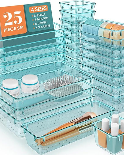 WOWBOX 25 PCS Plastic Drawer Organizer Set, 4 Sizes Desk Drawer Divider Organizers and Storage Bins for Makeup, Jewelry, Gadgets for Kitchen, Bedroom, Bathroom, Office, Sea Blue