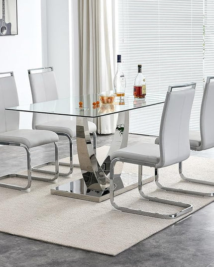 63” Glass Dining Table Set for 4,Modern Dining Room Table Set for 4, Kitchen Table and PU Leather Chairs, Dinner Table with Rectangle Tempered Glass Top and Chrome Silver Base