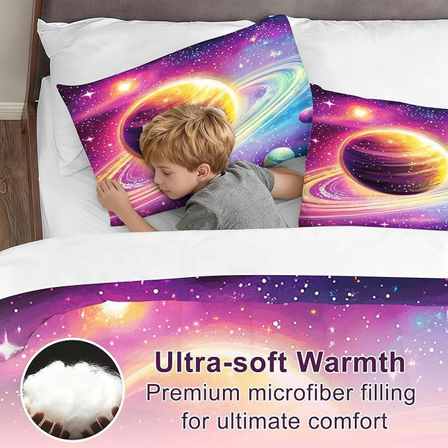 Space Planet Comforter Set Saturn's Rings Printed Bedding Set Queen Size Outer Space Bed Set Galaxy Comforter Set for Kids Teens Adults Colorful Quilt Set with 1 Comforter + 2 Pillowcases