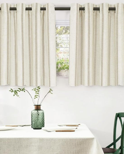 DriftAway Farmhouse Linen Blend Blackout Curtains 36 Inches Long for Bedroom Vertical Striped Printed Grommet Curtains Thermal Insulated Lined for Living Room 2 Panels W52 x L36 Camel Beige