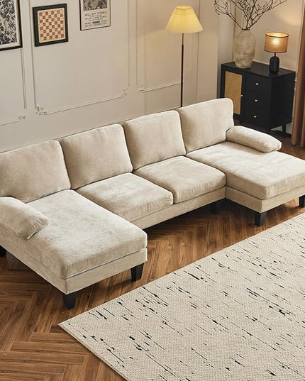 VINGLI 110" Sectional Couches for Living Room,U Shaped Couch with Double Chaise, 4-Seat Sofa Set with Chenille Fabric for Home Furniture,Light Khaki