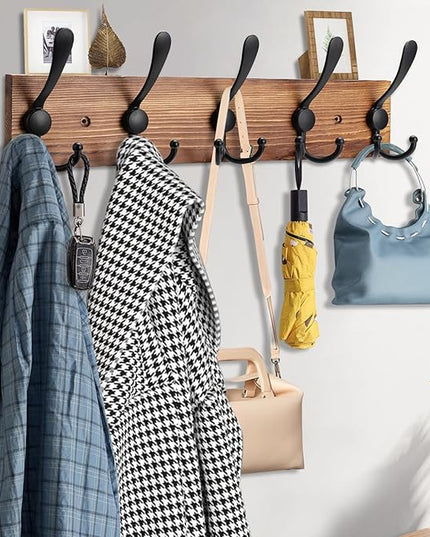 Coat Rack Wall Mount Wooden Hat Rack for Wall Hooks Pine Real Wood Plank 16.9" Brown Coat Hanger with 5 Triple Hooks for Hanging Coat Hat Jacket