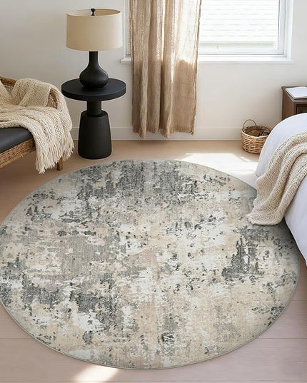 Modern Abstract 8x8 Round Area Rug Non Slip Non Shedding Rug Low Pile Stain Resistant for Bedroom Living Room Office Dining Room,Grey Yellow