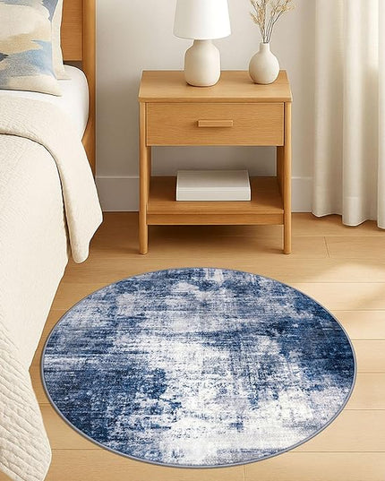 IOHOUZE Round Area Rug 3 Ft Circle Entryway Rugs Round Washable Door Mat Indoor Entrance, Non Slip Circle Front Door Rug, Printed Abstract Faux Wool Floor Carpet for Foyer Porch Sink, Navy/Grey