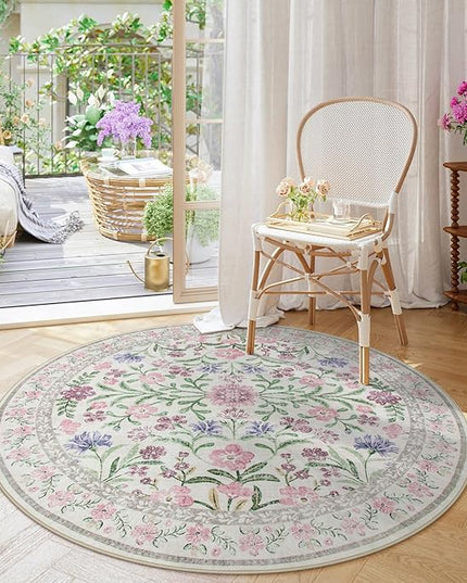 Wonnitar Floral Washable Round Rugs 6ft, Purple Circle Rugs for Bedroom Girls Dorm, Ultra-Thin Non Slip Boho Carpet for Nursery Girls Room Decor Living Room Playroom, Light Purple/Pink